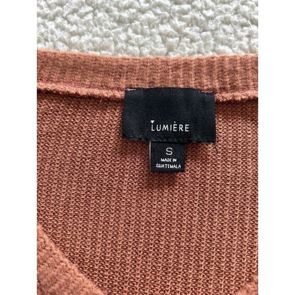 LUMIE'RE Womens V-Neck Long Sleeve Crop Rib Knit Sweater Camel Rust Size S - Picture 4 of 9